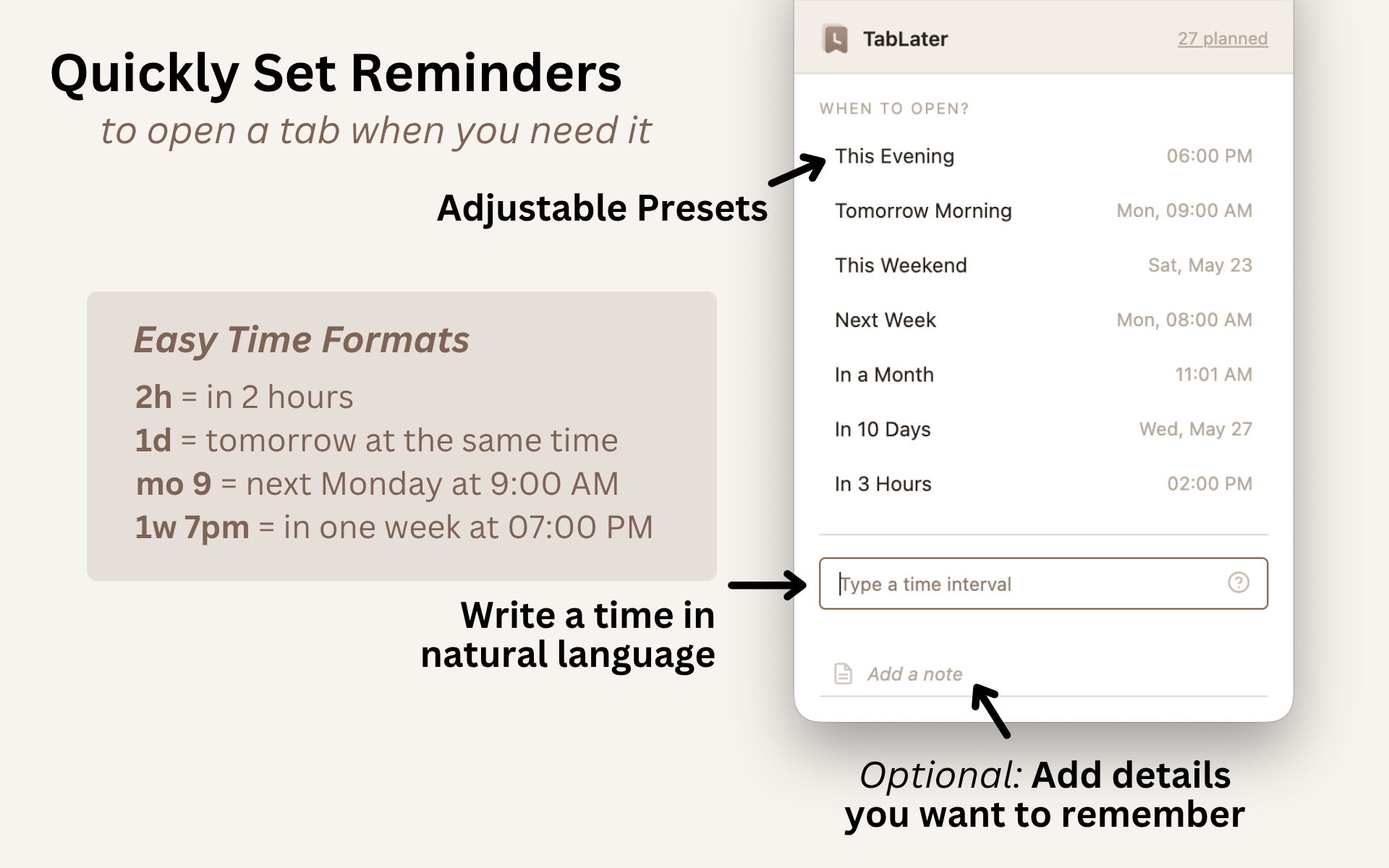 TabLater popup to snooze a Chrome tab — natural-language time input, presets to reopen the tab later, and an optional note
