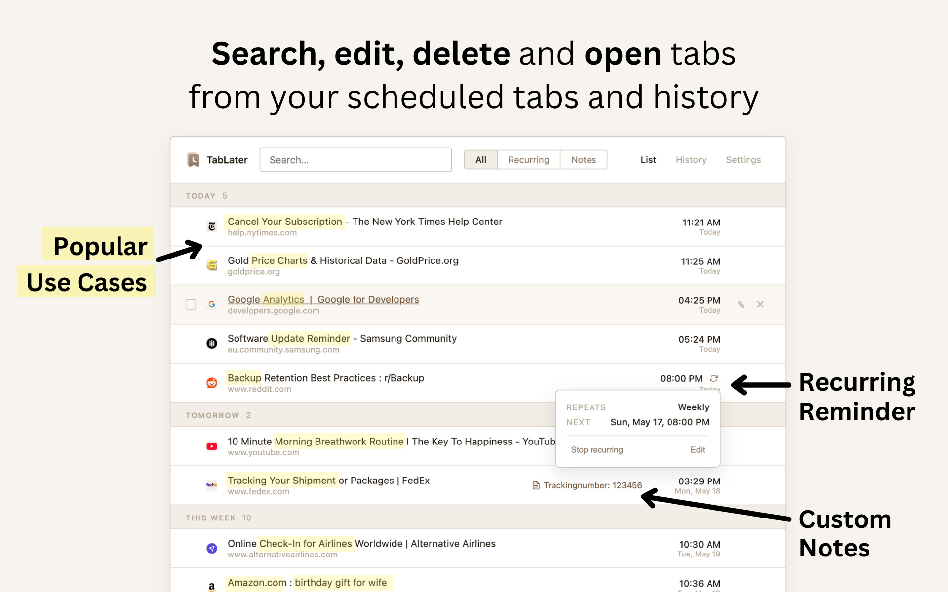 TabLater dashboard for scheduled tab reminders — search, edit, reschedule, recurring tabs, and a history of reopened tabs
